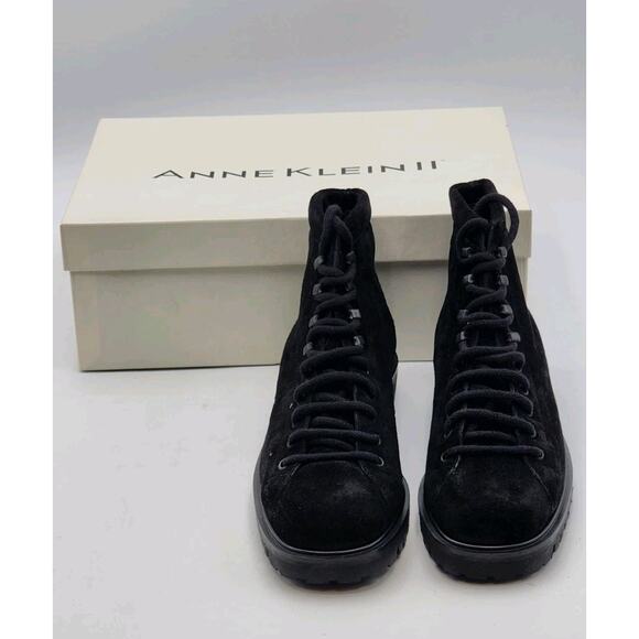ANNE KLEIN Ander Black Suede Combat Booties Size 7 Lug Lace-Up Italy New In Box - Picture 3 of 14